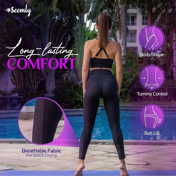 NWT Seemly High Wasted Leggings with Pockets and Tummy Control - Black - Picture 4 of 10